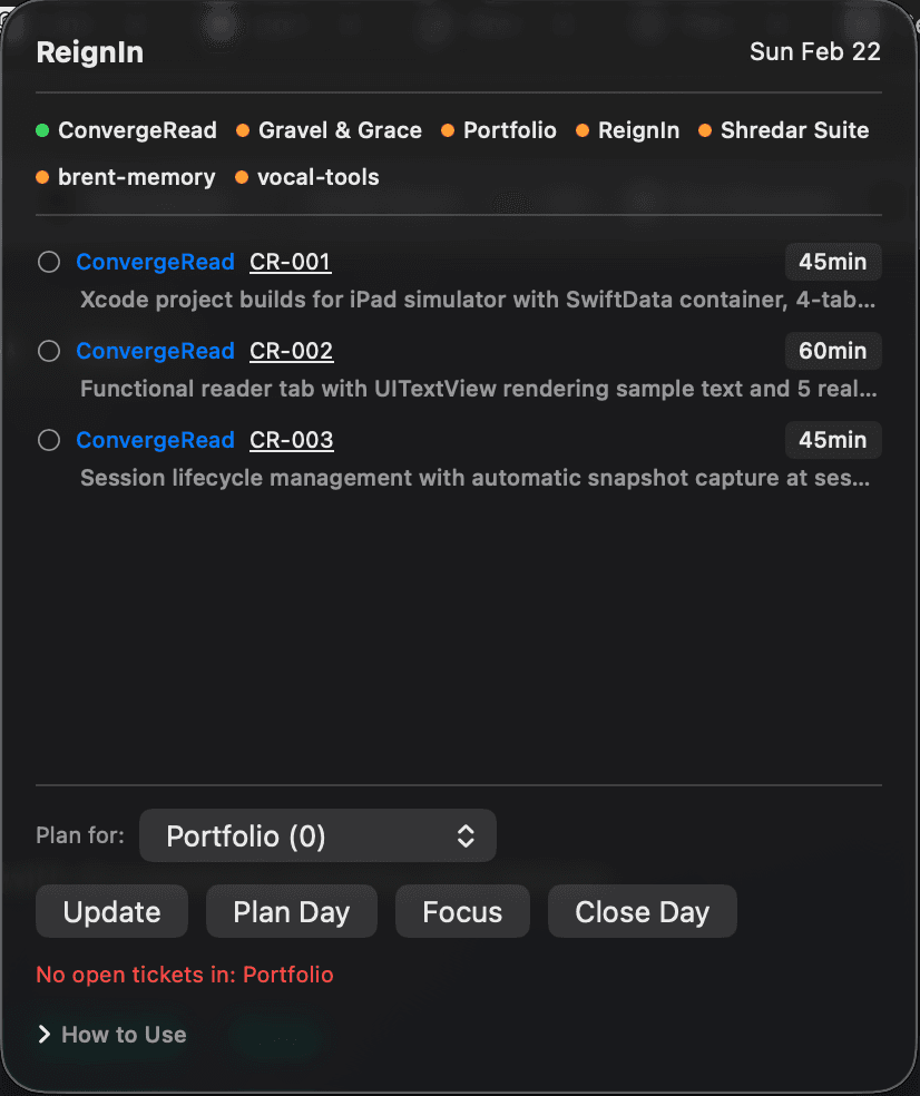 ReignIn macOS menubar interface showing daily deliverables and audit status